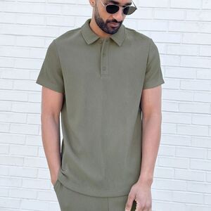 OAK + FORT - RIBBED POLO T-SHIRT in Vetiver
